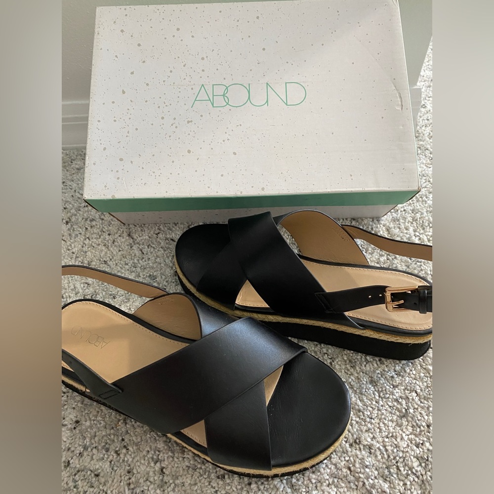 Platform sandals, black faux leather with tan rope detail. 2 inch platform.
